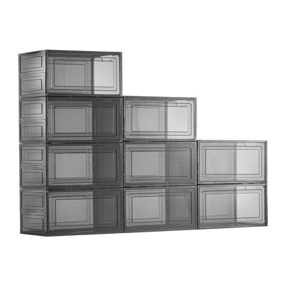 Shoe Storage Boxes, 9 Pack Clear Stackable Shoe Boxes Storage Organizers with Magnetic Door, Fit up to US Size 13, Plastic Sneaker Containers for High Heels, Boots, and Hats, Transparent Black