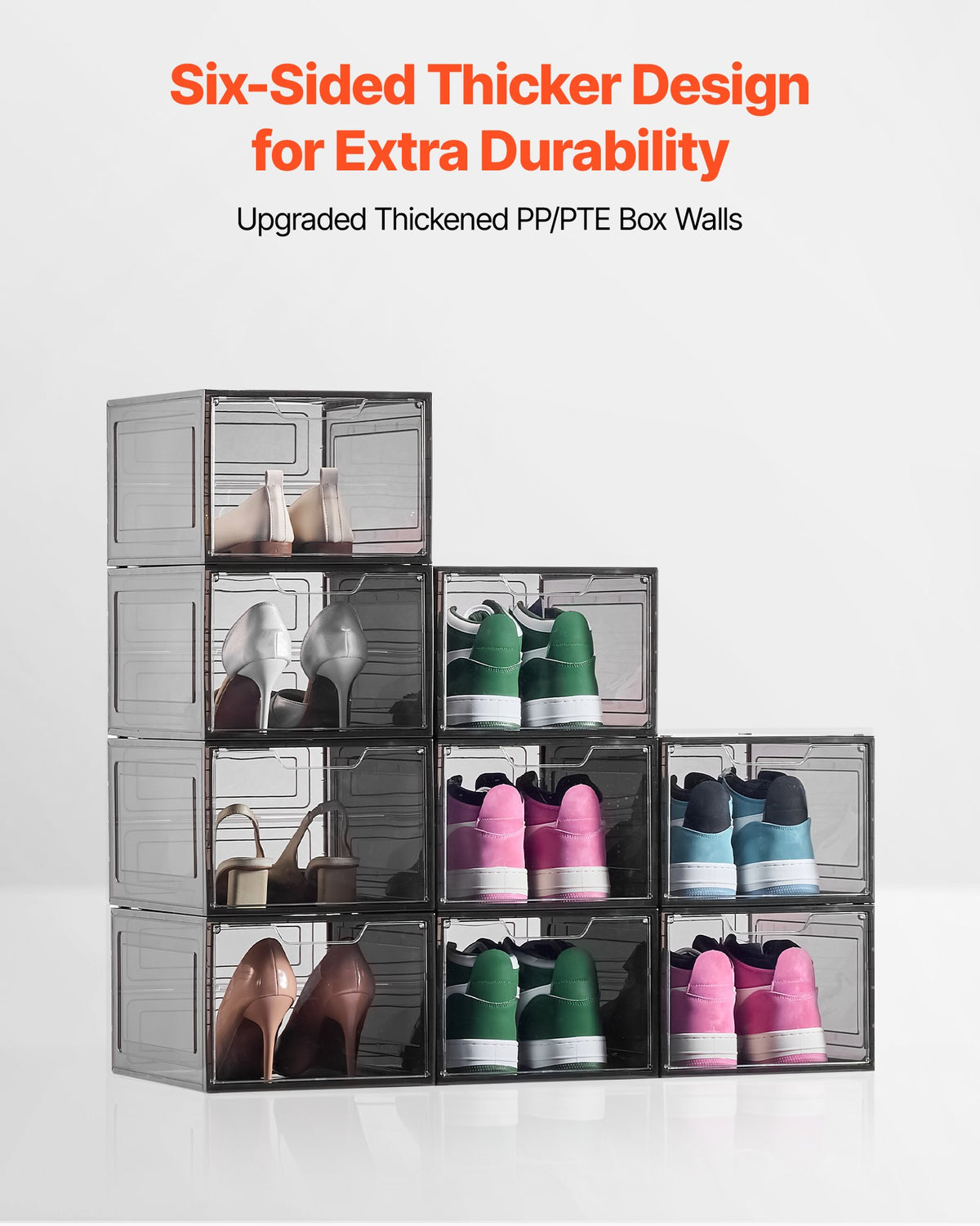 Shoe Storage Boxes, 9 Pack Clear Stackable Shoe Boxes Storage Organizers with Magnetic Door, Fit up to US Size 13, Plastic Sneaker Containers for High Heels, Boots, and Hats, Transparent Black