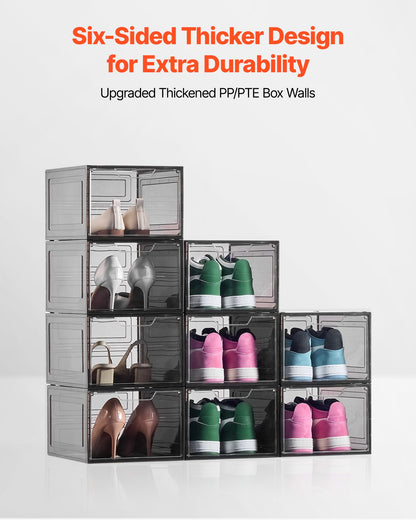 Shoe Storage Boxes, 9 Pack Clear Stackable Shoe Boxes Storage Organizers with Magnetic Door, Fit up to US Size 13, Plastic Sneaker Containers for High Heels, Boots, and Hats, Transparent Black