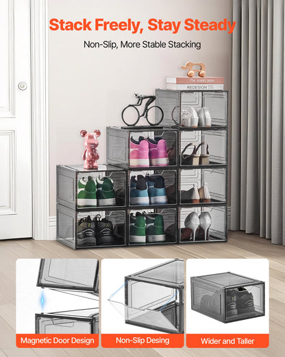 Shoe Storage Boxes, 9 Pack Clear Stackable Shoe Boxes Storage Organizers with Magnetic Door, Fit up to US Size 13, Plastic Sneaker Containers for High Heels, Boots, and Hats, Transparent Black