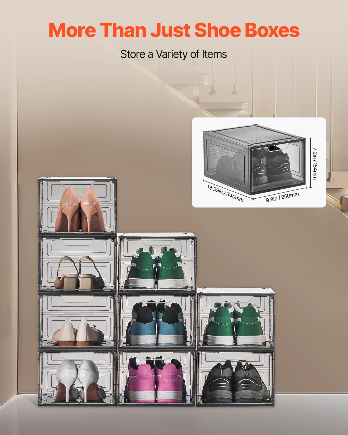 Shoe Storage Boxes, 9 Pack Clear Stackable Shoe Boxes Storage Organizers with Magnetic Door, Fit up to US Size 13, Plastic Sneaker Containers for High Heels, Boots, and Hats, Transparent Black