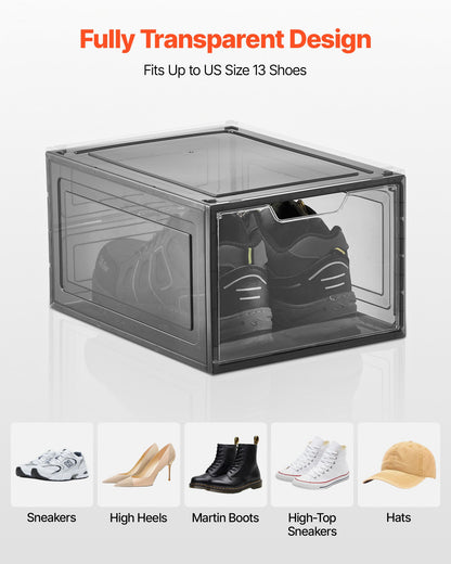 Shoe Storage Boxes, 9 Pack Clear Stackable Shoe Boxes Storage Organizers with Magnetic Door, Fit up to US Size 13, Plastic Sneaker Containers for High Heels, Boots, and Hats, Transparent Black