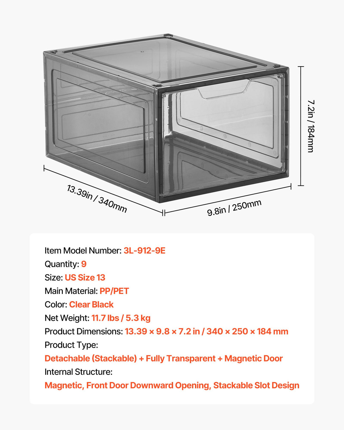 Shoe Storage Boxes, 9 Pack Clear Stackable Shoe Boxes Storage Organizers with Magnetic Door, Fit up to US Size 13, Plastic Sneaker Containers for High Heels, Boots, and Hats, Transparent Black