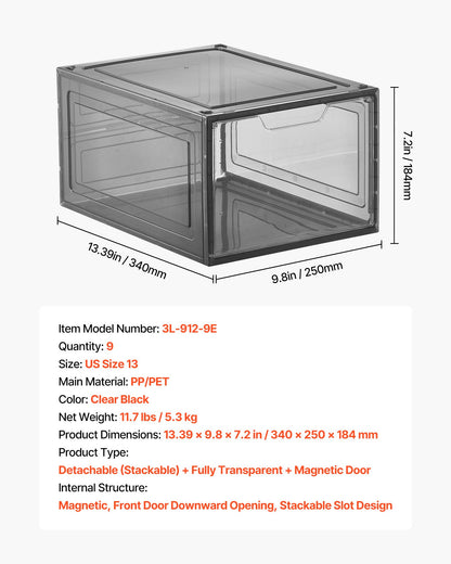 Shoe Storage Boxes, 9 Pack Clear Stackable Shoe Boxes Storage Organizers with Magnetic Door, Fit up to US Size 13, Plastic Sneaker Containers for High Heels, Boots, and Hats, Transparent Black