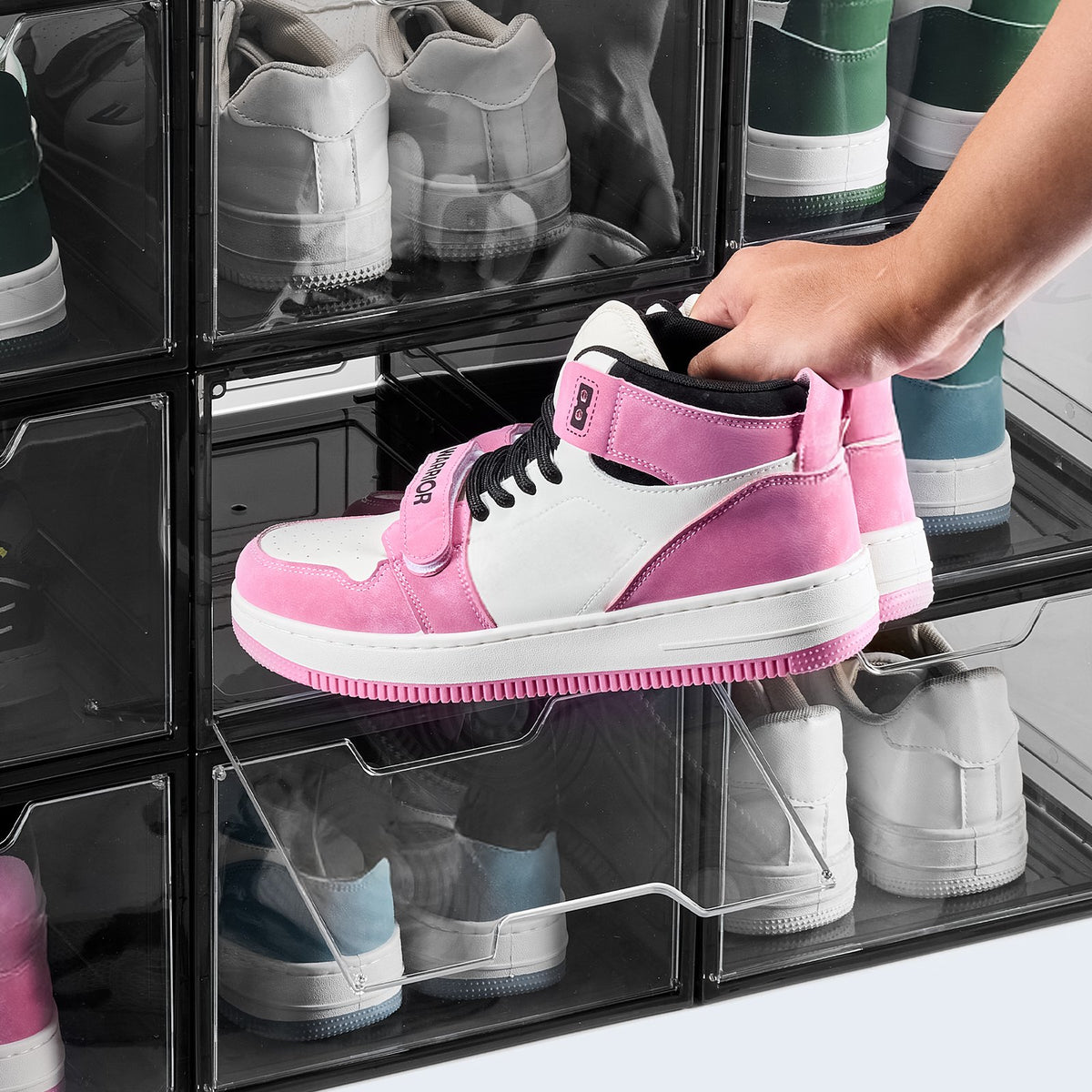 Shoe Storage Boxes, 9 Pack Clear Stackable Shoe Boxes Storage Organizers with Magnetic Door, Fit up to US Size 13, Plastic Sneaker Containers for High Heels, Boots, and Hats, Transparent Black