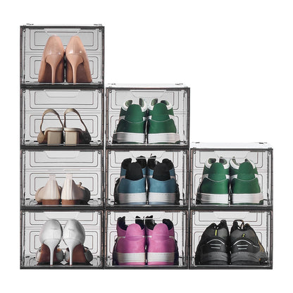 Shoe Storage Boxes, 9 Pack Clear Stackable Shoe Boxes Storage Organizers with Magnetic Door, Fit up to US Size 13, Plastic Sneaker Containers for High Heels, Boots, and Hats, Transparent Black