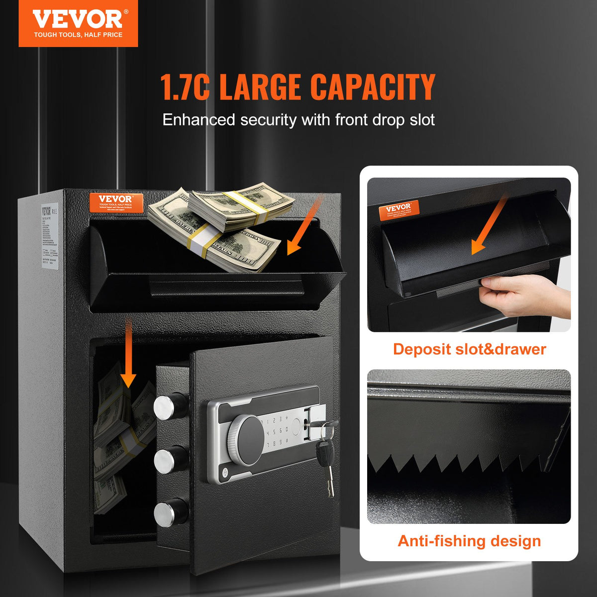 1.7 Cub Depository Safe, Deposit Safe with Drop Slot, Electronic Code Lock and 2 Emergency Keys, 17.71'' x 13.77'' x 13.77'' Business Drop Slot Safe for Cash, Mail in Home, Hotel, Office