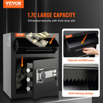 1.7 Cub Depository Safe, Deposit Safe with Drop Slot, Electronic Code Lock and 2 Emergency Keys, 17.71'' x 13.77'' x 13.77'' Business Drop Slot Safe for Cash, Mail in Home, Hotel, Office