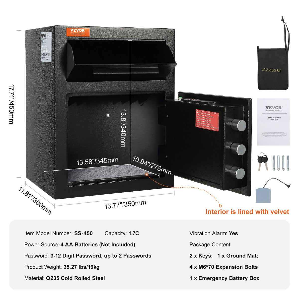1.7 Cub Depository Safe, Deposit Safe with Drop Slot, Electronic Code Lock and 2 Emergency Keys, 17.71'' x 13.77'' x 13.77'' Business Drop Slot Safe for Cash, Mail in Home, Hotel, Office