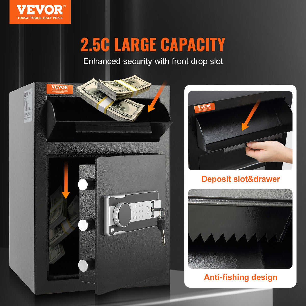 2.5 Cub Depository Safe, Deposit Safe with Drop Slot, Electronic Code Lock and 2 Emergency Keys, 20.27'' x 13.97'' x 13.97'' Business Drop Slot Safe for Cash, Mail in Home, Hotel, Office