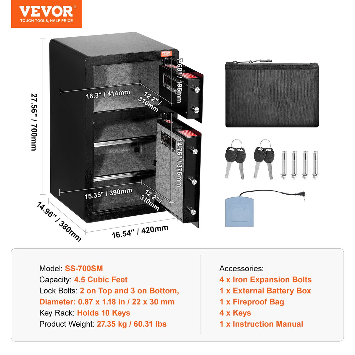 Double Doors 4.5 cu.ft Safe Box with Key Lock & Password, Safe Lock Box with Fireproof Bag, Key Rack, LED Light and 2 Height Adjustable and Removable Divider for Money, Documents, Jewelry and Valuables, Black