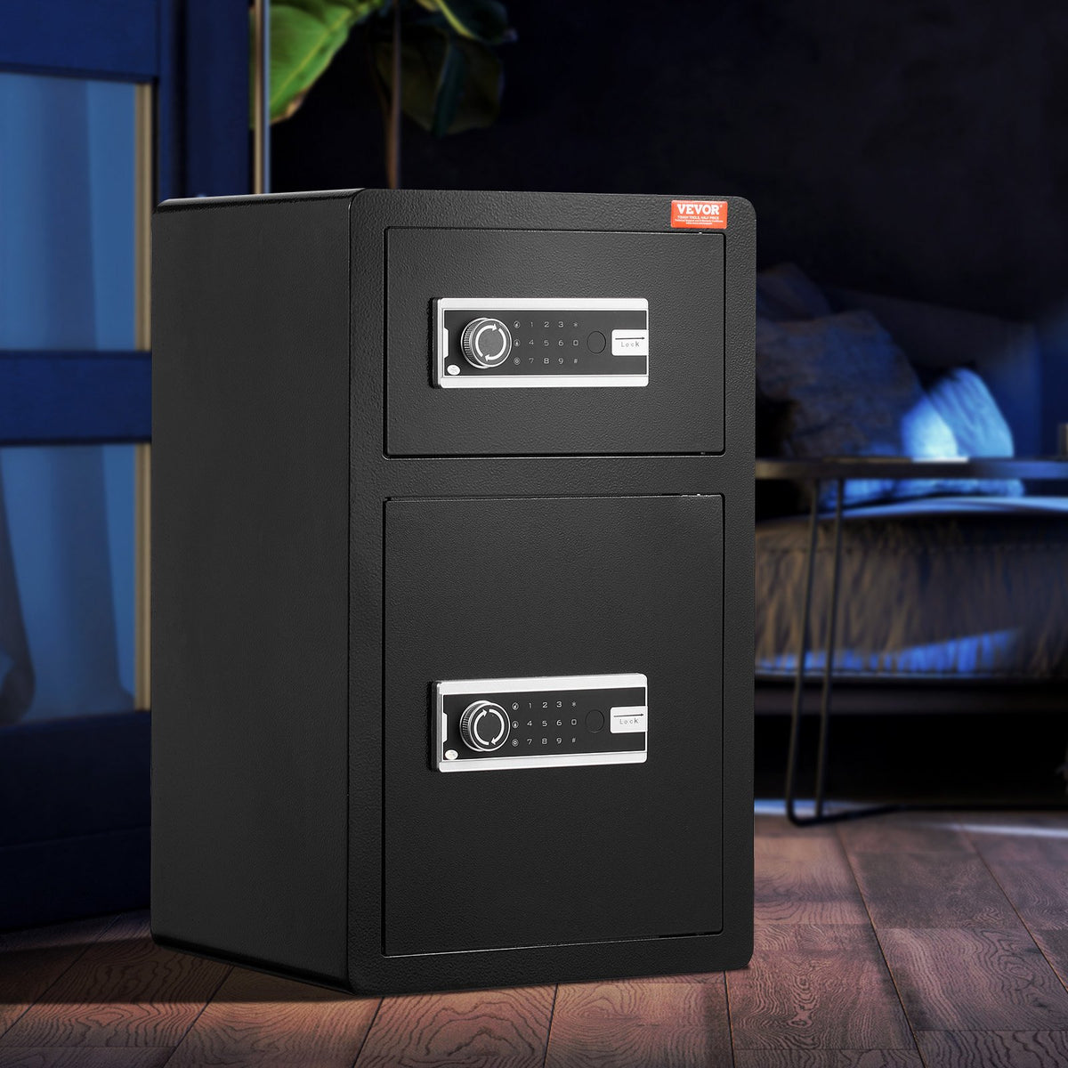 Double Doors 4.5 cu.ft Safe Box with Key Lock & Password, Safe Lock Box with Fireproof Bag, Key Rack, LED Light and 2 Height Adjustable and Removable Divider for Money, Documents, Jewelry and Valuables, Black