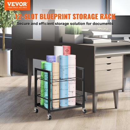 Blueprint Storage Rack, 12 Slots Blueprint Holder with Wheels, Mobile Metal Blueprint Storage Cart for Map Poster Architectural Construction Plan, Roll File Organizer for Home, Office, School