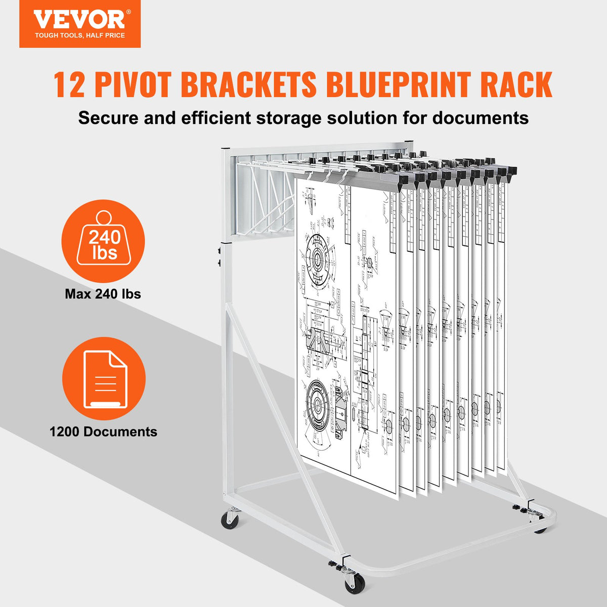 Mobile Blueprint Storage Rack, Plan Holder with 12 Pivot Brackets, Mobile Blueprint Holder Adjustable Height & Length, Poster Display Rack for Office and Home (Rack Only Without Clamps)