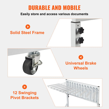 Mobile Blueprint Storage Rack, Plan Holder with 12 Pivot Brackets, Mobile Blueprint Holder Adjustable Height & Length, Poster Display Rack for Office and Home (Rack Only Without Clamps)