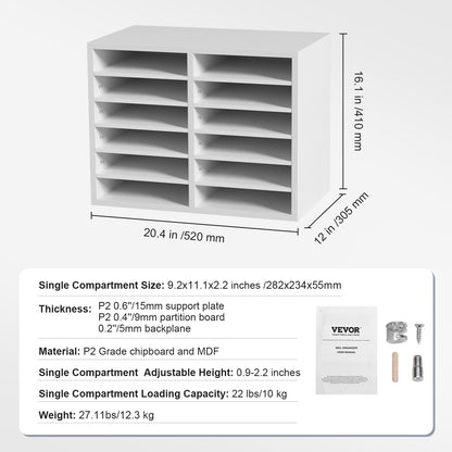 Wood Literature Organizer Adjustable File Sorter 12 Compartments White