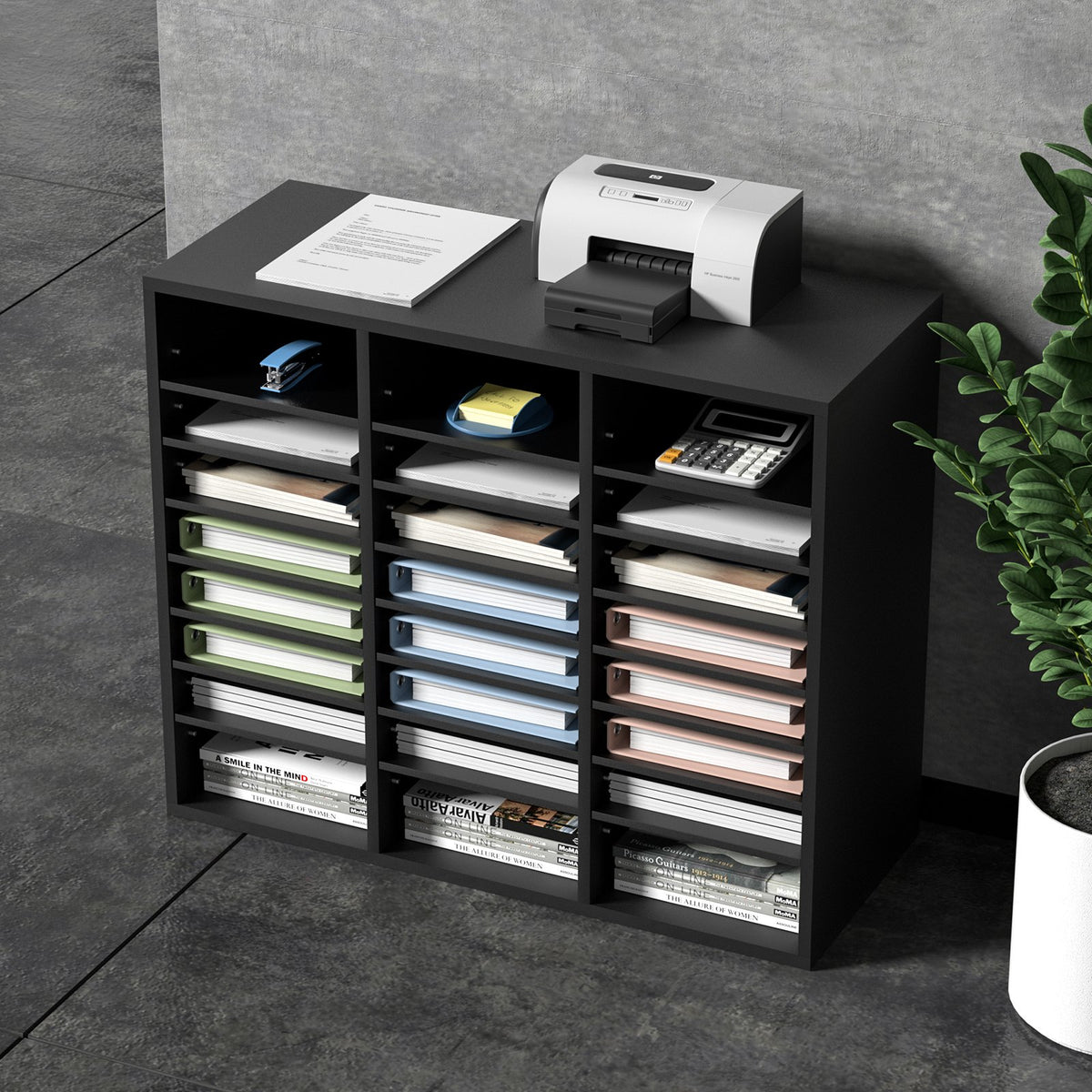 Wood Literature Organizer Adjustable File Sorter 24 Compartments Black