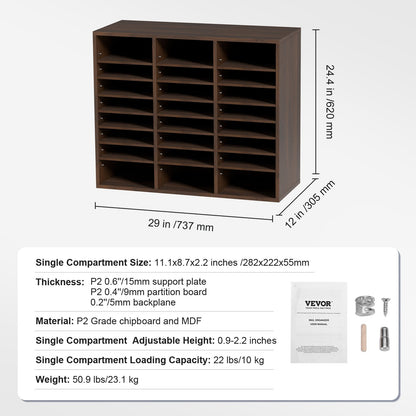 Wood Literature Organizer Adjustable File Sorter 24 Compartments Brown