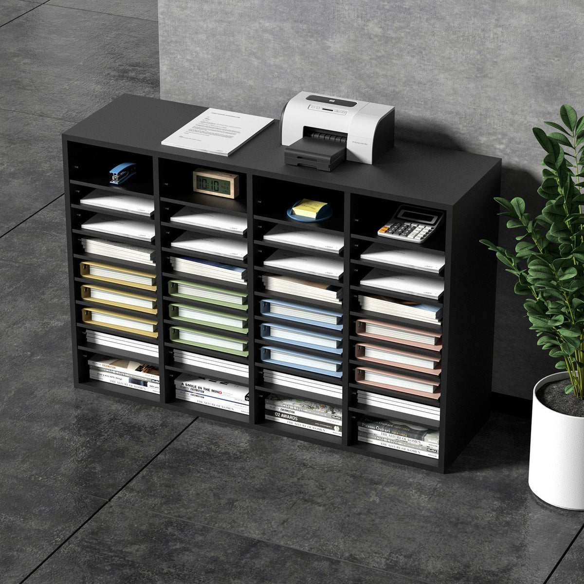 Wood Literature Organizer, 36 Compartments, File Sorter with Removable Shelves, Mailboxes Slot for Office Home Classroom Mailrooms Organization, EPA Certified, Black