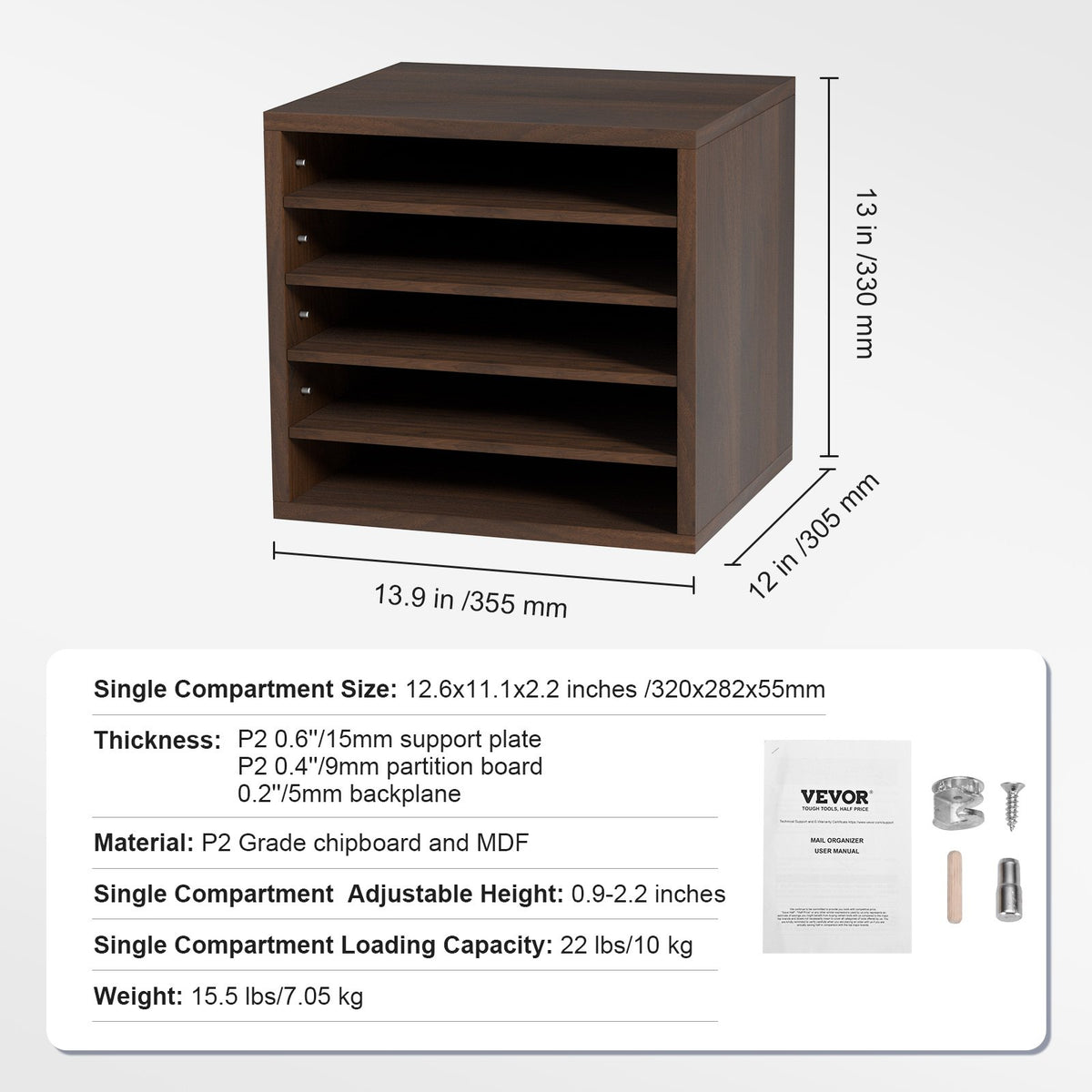 Wood Literature Organizer Adjustable File Sorter 5 Compartments Brown