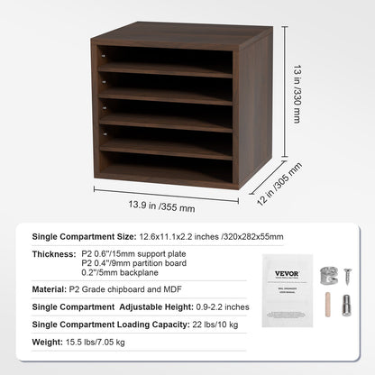 Wood Literature Organizer Adjustable File Sorter 5 Compartments Brown