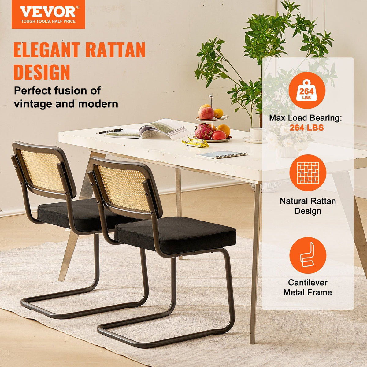 Rattan Chairs, Set of 2, Mid Century Modern Dining Chair, Upholstered Velvet Accent Chair with Rattan Back, Retro Dining Room Kitchen Chair for Living Room, Bedroom, Reading Room, Office, Black