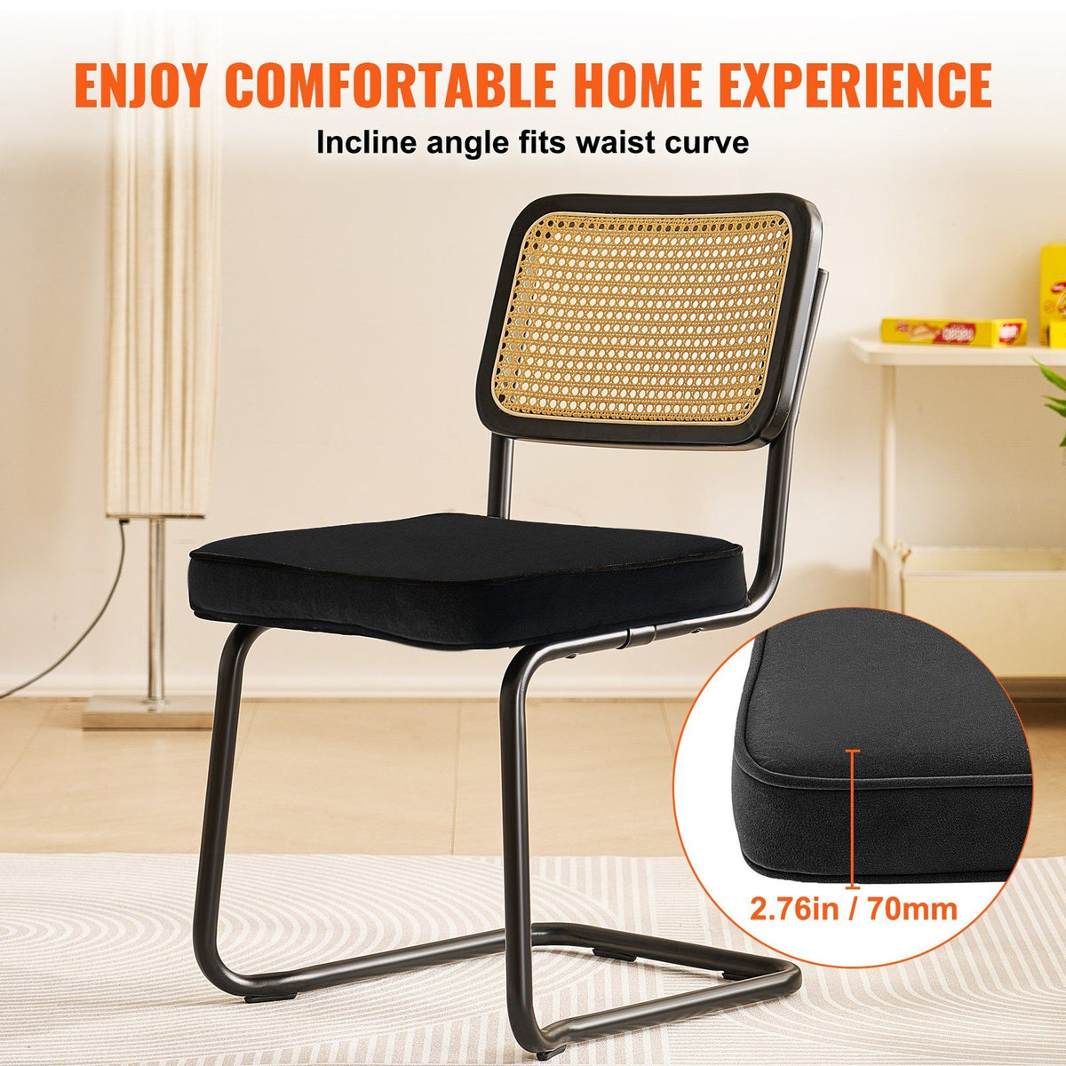 Rattan Chairs, Set of 2, Mid Century Modern Dining Chair, Upholstered Velvet Accent Chair with Rattan Back, Retro Dining Room Kitchen Chair for Living Room, Bedroom, Reading Room, Office, Black
