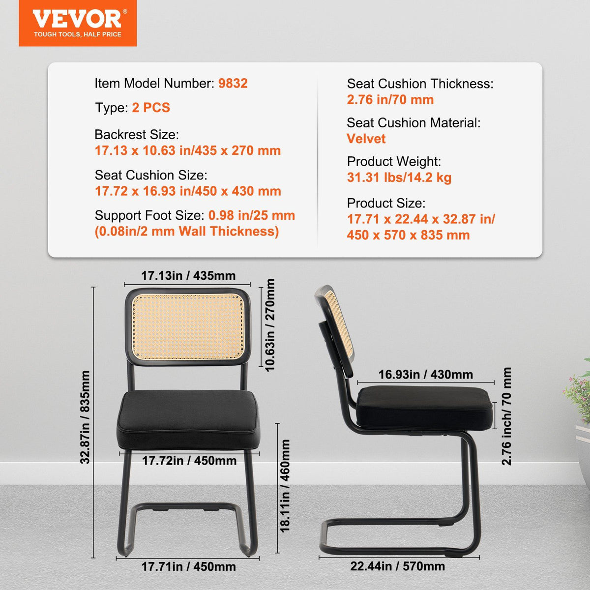 Rattan Chairs, Set of 2, Mid Century Modern Dining Chair, Upholstered Velvet Accent Chair with Rattan Back, Retro Dining Room Kitchen Chair for Living Room, Bedroom, Reading Room, Office, Black