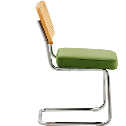 Rattan Chairs, Set of 2, Mid Century Modern Dining Chair, Upholstered Velvet Accent Chair with Rattan Back, Retro Dining Room Kitchen Chair for Living Room, Bedroom, Reading Room, Office, Green