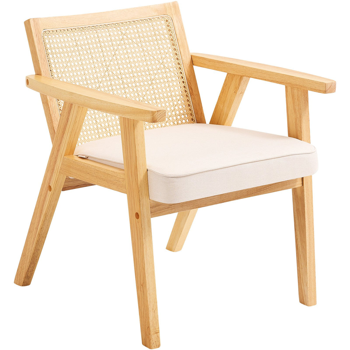 Rattan Chair, Mid Century Modern Dining Chair with Armrest, Upholstered Chair with Rattan Back, Retro Rattan Dining Room Kitchen Chair for Living Room, Bedroom, Reading Room, and Office, Beige