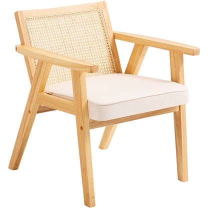 Rattan Chair, Mid Century Modern Dining Chair with Armrest, Upholstered Chair with Rattan Back, Retro Rattan Dining Room Kitchen Chair for Living Room, Bedroom, Reading Room, and Office, Beige