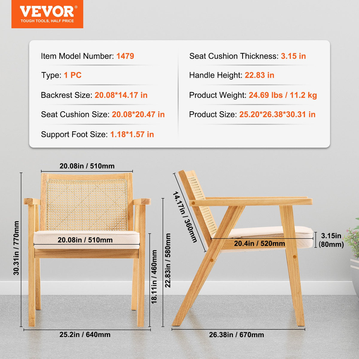 Rattan Chair, Mid Century Modern Dining Chair with Armrest, Upholstered Chair with Rattan Back, Retro Rattan Dining Room Kitchen Chair for Living Room, Bedroom, Reading Room, and Office, Beige