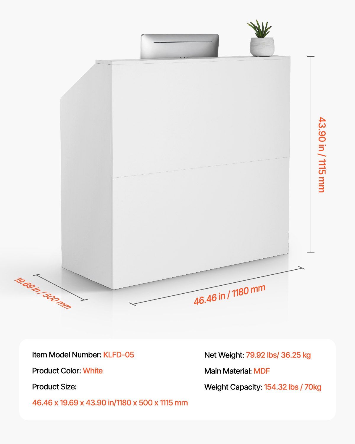 Reception Desk, 1180 x 500 x 1115 mm Rectangular Front Counter Table, Office Reception Desk, Retail Counter and Front Reception Counter, for Checkout, Lobby, Beauty Salon and Office, White