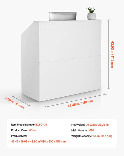 Reception Desk, 1180 x 500 x 1115 mm Rectangular Front Counter Table, Office Reception Desk, Retail Counter and Front Reception Counter, for Checkout, Lobby, Beauty Salon and Office, White