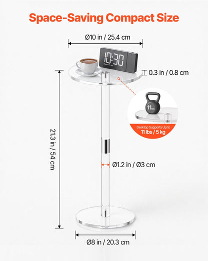 Acrylic Drink Table, Clear End Table Round Top with Solid Post, Modern Acrylic Cake Table Stand, Transparent Side Desk for Coffee, Drink, Food, Snack, Easy Assembly, 25.4 x 25.4 x 54 cm (Clear)