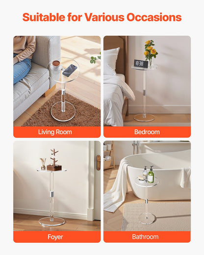 Acrylic Drink Table, Clear End Table Round Top with Solid Post, Modern Acrylic Cake Table Stand, Transparent Side Desk for Coffee, Drink, Food, Snack, Easy Assembly, 25.4 x 25.4 x 54 cm (Clear)