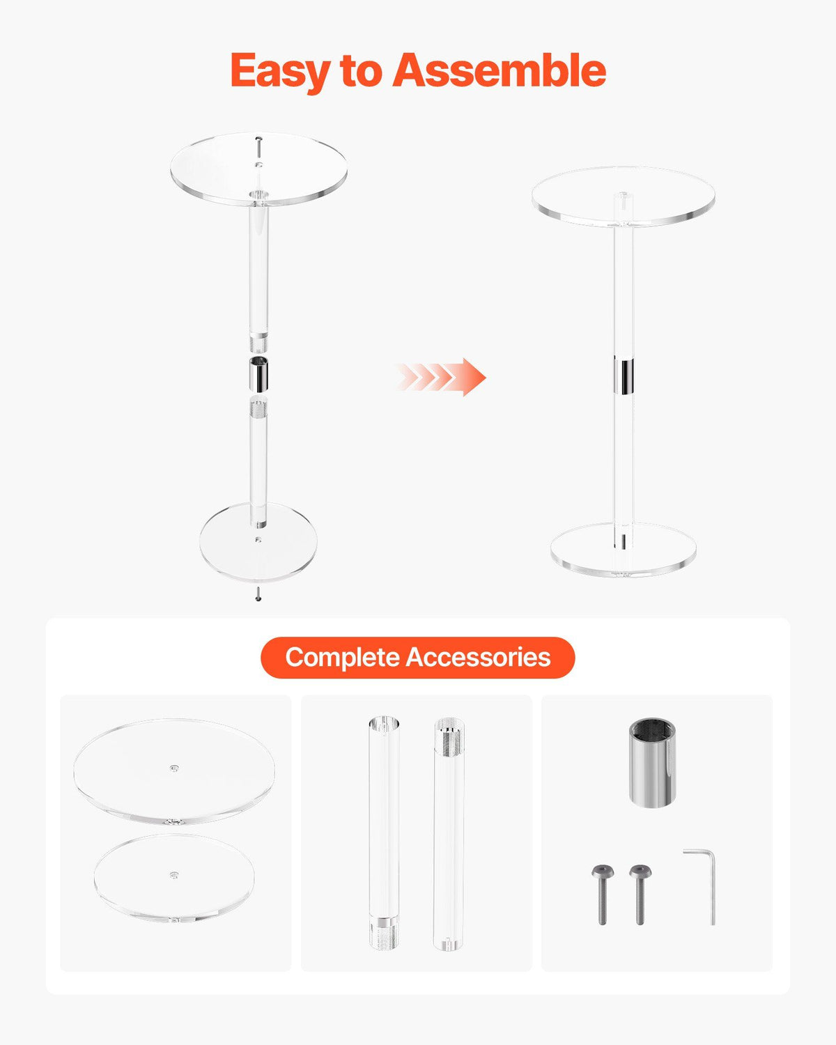 Acrylic Drink Table, Clear End Table Round Top with Solid Post, Modern Acrylic Cake Table Stand, Transparent Side Desk for Coffee, Drink, Food, Snack, Easy Assembly, 25.4 x 25.4 x 54 cm (Clear)