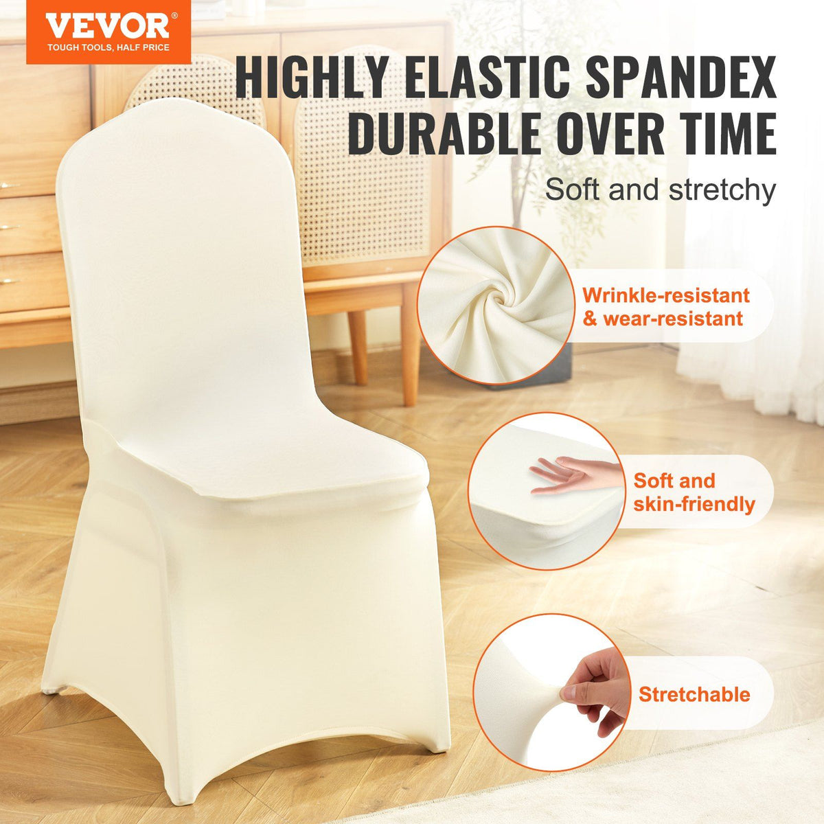 Stretch Spandex Folding Chair Covers, Universal Fitted Chair Cover, Removable Washable Protective Slipcovers, for Wedding, Holiday, Banquet, Party, Celebration, Dining (50PCS Beige)