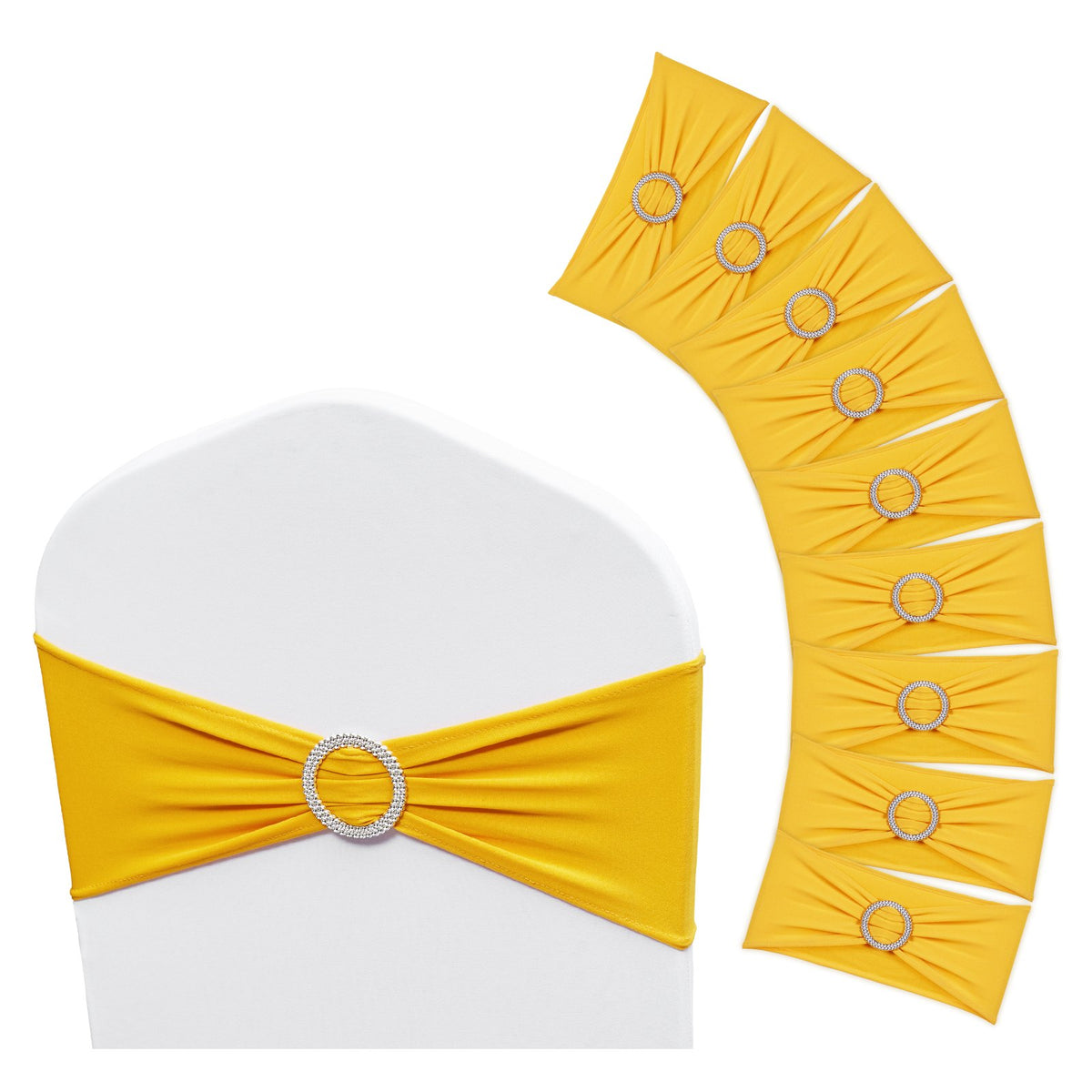 Stretch Spandex Chair Sashes, Chair Slipcover and Stretch Chair Sash with Round Buckle, Elastic Chair Bands, Fitting Wedding, Holiday, Banquet, Party Chair Decoration (100 PCS Golden Yellow)