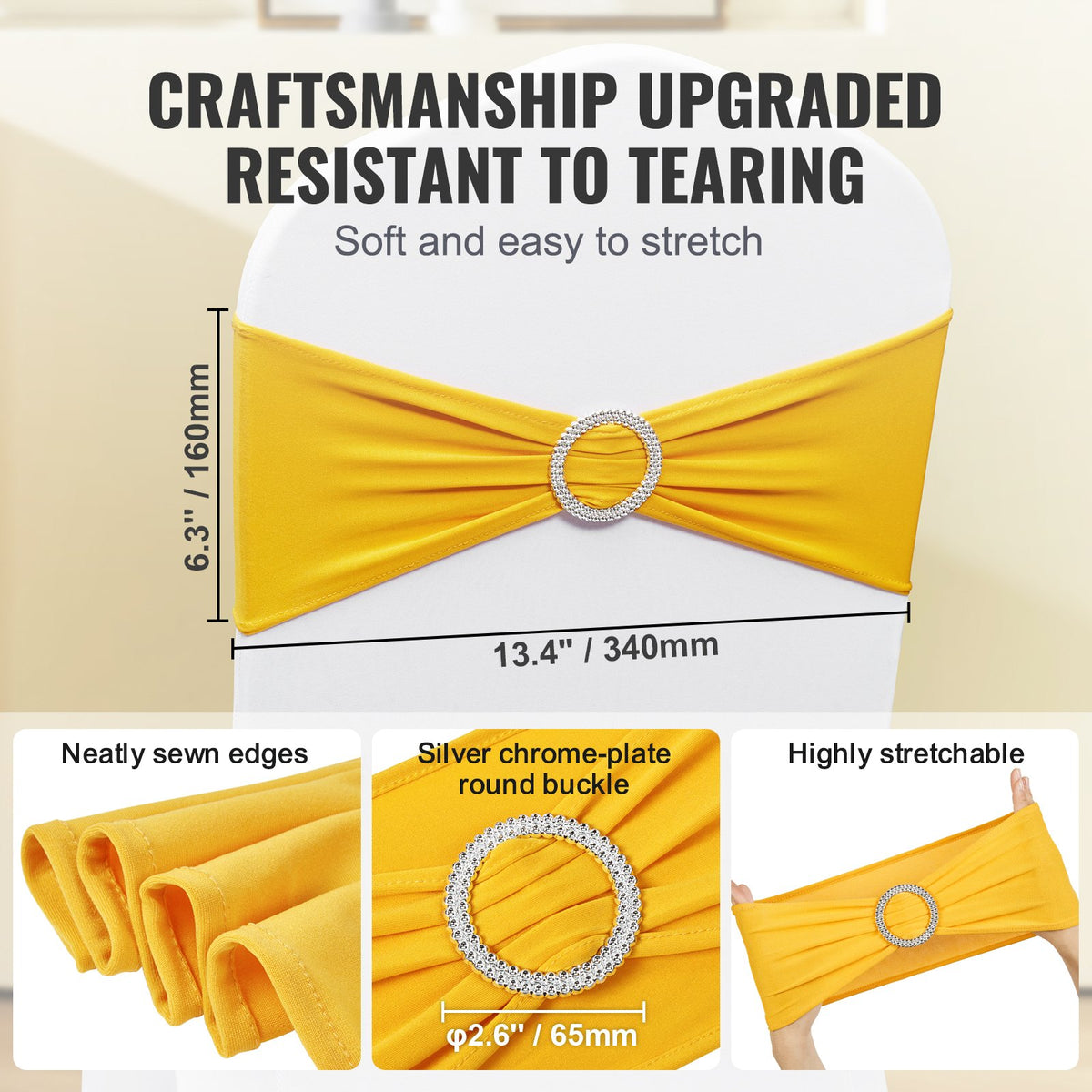 Stretch Spandex Chair Sashes, Chair Slipcover and Stretch Chair Sash with Round Buckle, Elastic Chair Bands, Fitting Wedding, Holiday, Banquet, Party Chair Decoration (100 PCS Golden Yellow)
