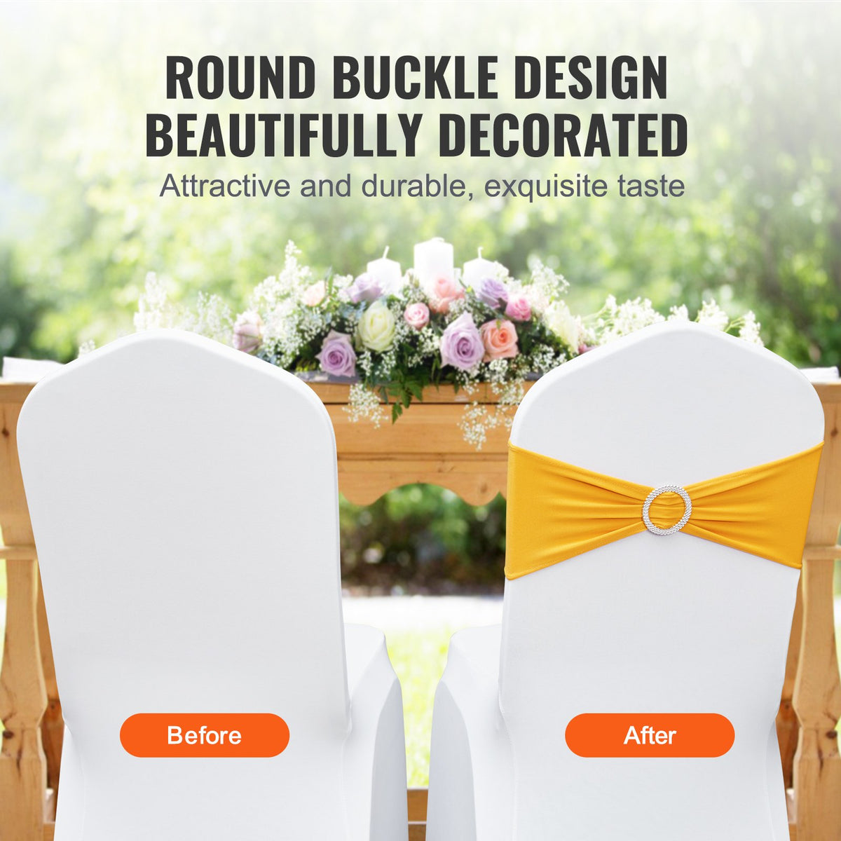 Stretch Spandex Chair Sashes, Chair Slipcover and Stretch Chair Sash with Round Buckle, Elastic Chair Bands, Fitting Wedding, Holiday, Banquet, Party Chair Decoration (100 PCS Golden Yellow)