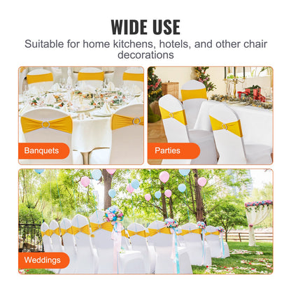 Stretch Spandex Chair Sashes, Chair Slipcover and Stretch Chair Sash with Round Buckle, Elastic Chair Bands, Fitting Wedding, Holiday, Banquet, Party Chair Decoration (100 PCS Golden Yellow)