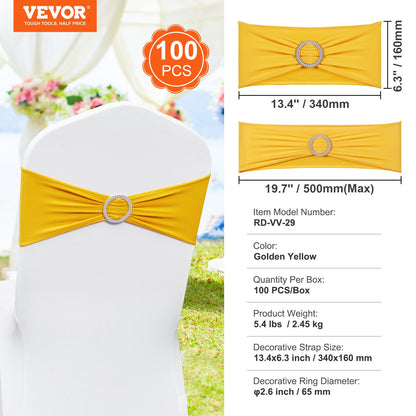 Stretch Spandex Chair Sashes, Chair Slipcover and Stretch Chair Sash with Round Buckle, Elastic Chair Bands, Fitting Wedding, Holiday, Banquet, Party Chair Decoration (100 PCS Golden Yellow)