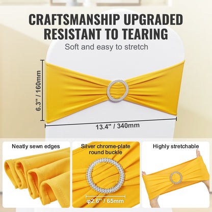 Stretch Spandex Chair Sashes, Chair Slipcover and Stretch Chair Sash with Round Buckle, Elastic Chair Bands, Fitting Wedding, Holiday, Banquet, Party Chair Decoration (50 PCS Golden Yellow)