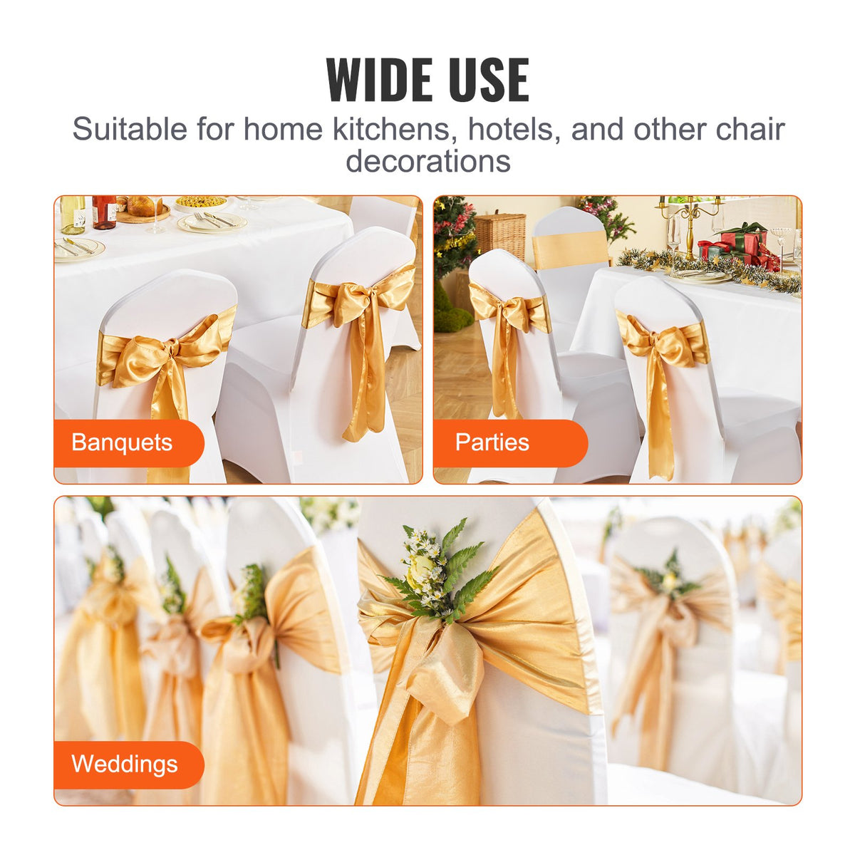 Stretch Spandex Chair Sashes Bows, Chair Slipcover and Stretch Chair Sash, Elastic Chair Bands, Fitting Wedding, Holiday, Banquet, Party, Celebration Chair Decoration (50 PCS Gold)