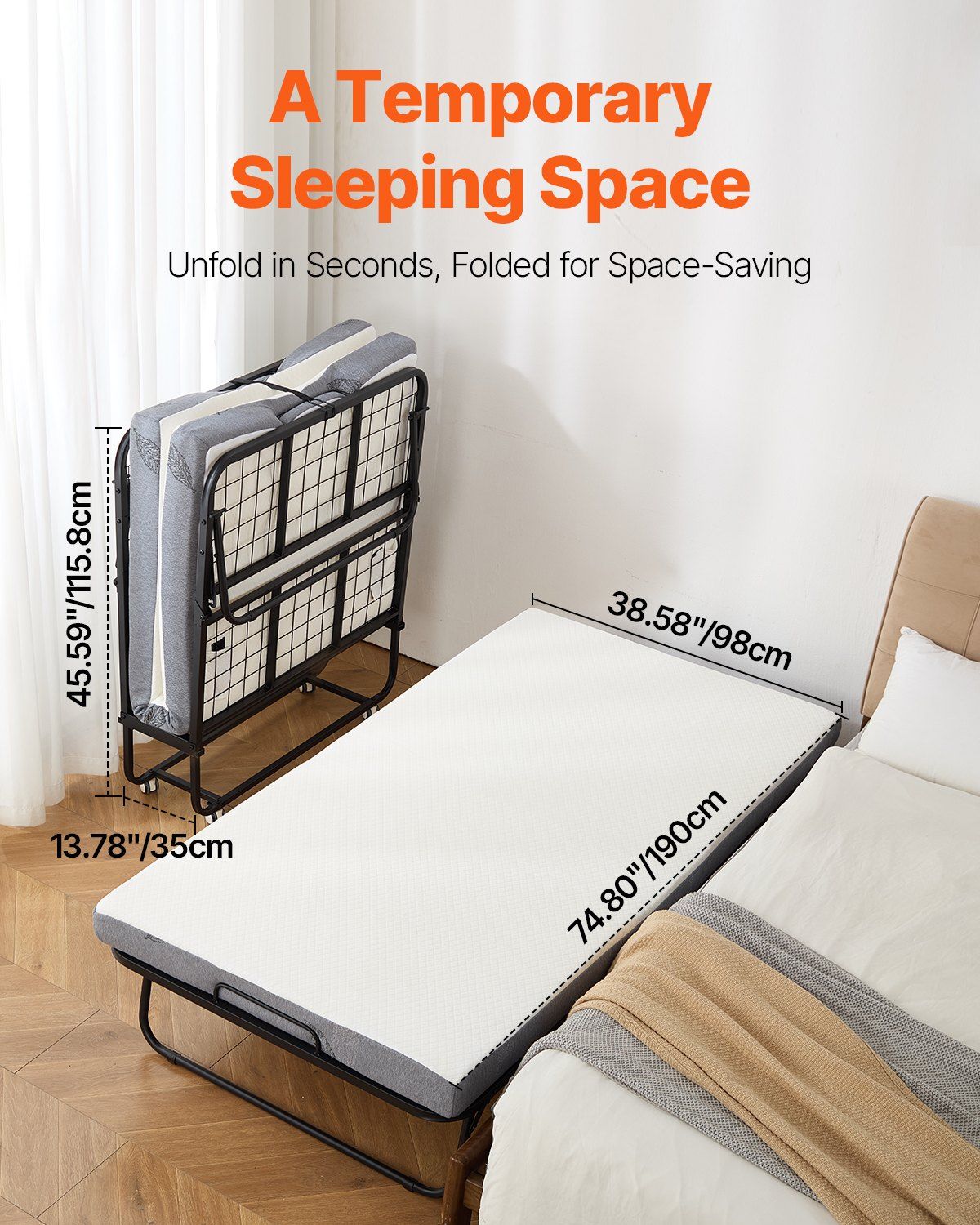Rollaway Bed, 96.5 cm x 190 cm Folding Bed with 10 cm Mattress, Twin Size Foldable Bed with Sturdy Metal Frame & Memory Foam Mattress, Portable Roll Away Bed with Mattress, for Adults, Guest