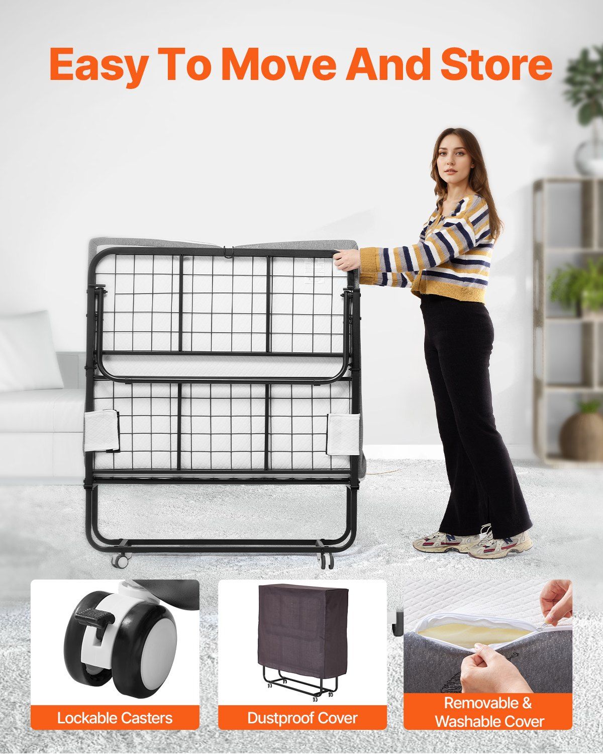 Rollaway Bed, 96.5 cm x 190 cm Folding Bed with 10 cm Mattress, Twin Size Foldable Bed with Sturdy Metal Frame & Memory Foam Mattress, Portable Roll Away Bed with Mattress, for Adults, Guest