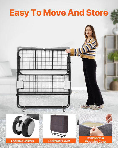 Rollaway Bed, 96.5 cm x 190 cm Folding Bed with 10 cm Mattress, Twin Size Foldable Bed with Sturdy Metal Frame & Memory Foam Mattress, Portable Roll Away Bed with Mattress, for Adults, Guest