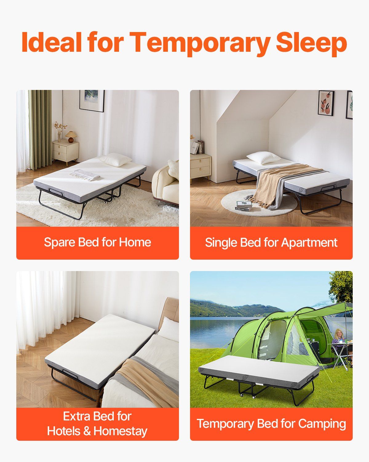 Rollaway Bed, 96.5 cm x 190 cm Folding Bed with 10 cm Mattress, Twin Size Foldable Bed with Sturdy Metal Frame & Memory Foam Mattress, Portable Roll Away Bed with Mattress, for Adults, Guest