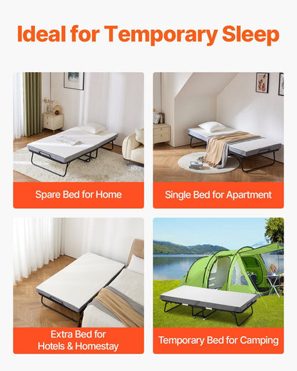 Rollaway Bed, 96.5 cm x 190 cm Folding Bed with 10 cm Mattress, Twin Size Foldable Bed with Sturdy Metal Frame & Memory Foam Mattress, Portable Roll Away Bed with Mattress, for Adults, Guest
